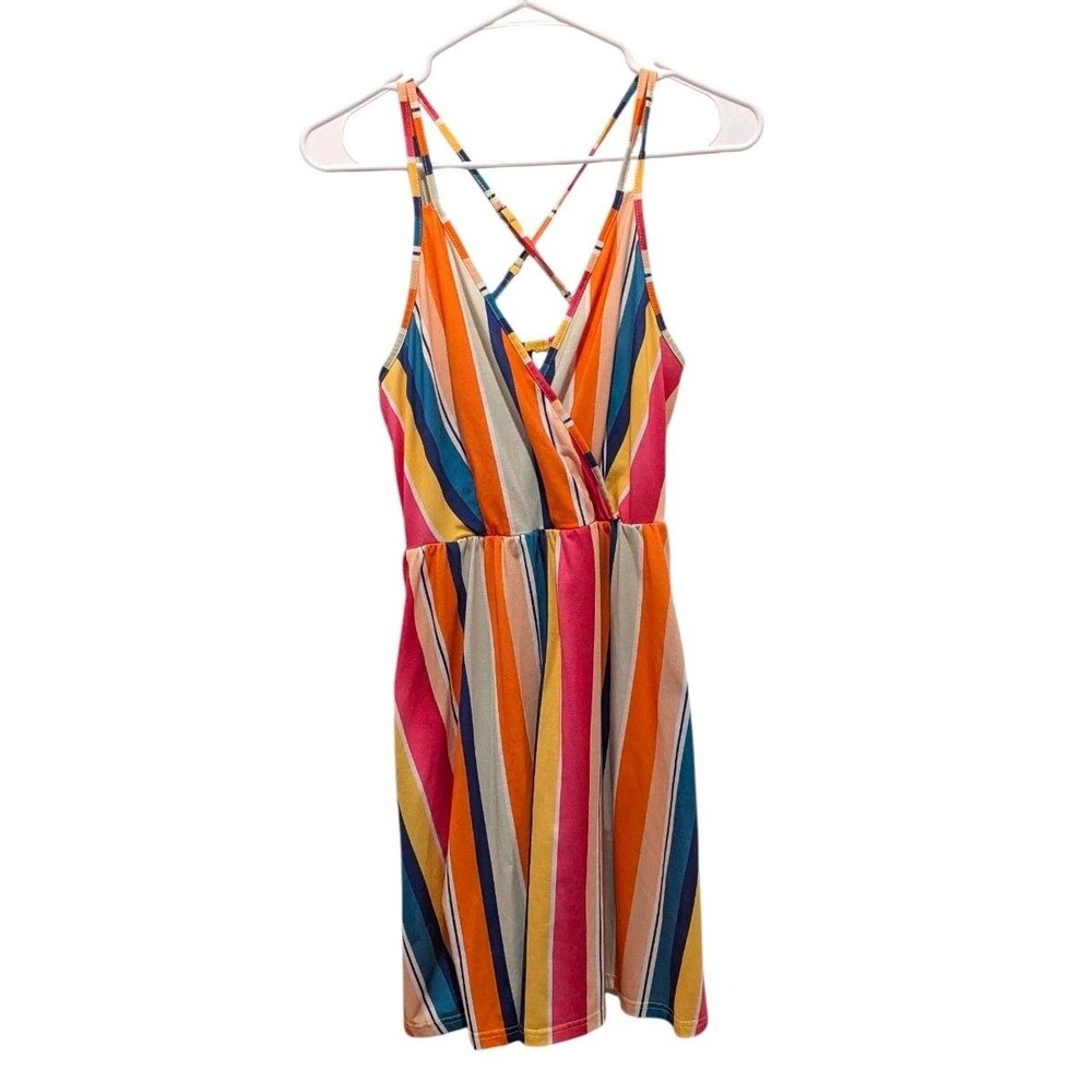 Women's Bright Multicolor Striped‎ Fit & Flare Mini Dress w Pockets Tomato Girl